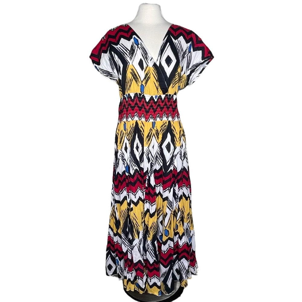 J Peterman 20 geometric print cotton dress red yellow white